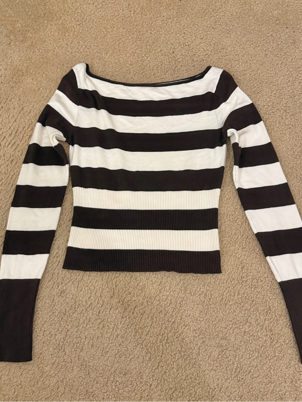 Garage Clothing Fitted Stripe Boatneck Long Sleeve Top - Chocolate Brown & White